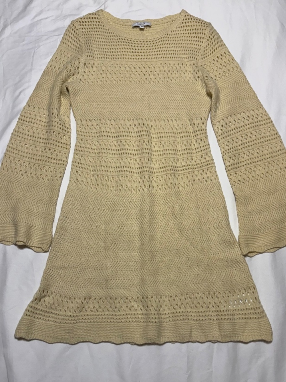 Rihoas Cream Crochet Long Bell Sleeve Mini Dress